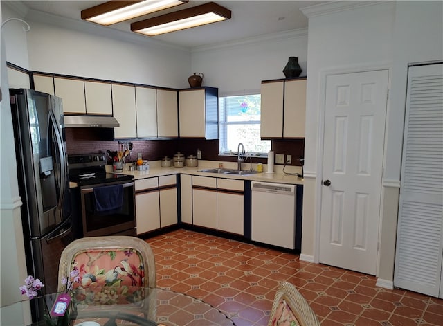 kitchen with tasteful backsplash, black fridge with ice dispenser, white dishwasher, sink, and electric range