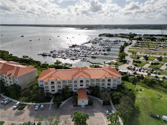 aerial view featuring a water view