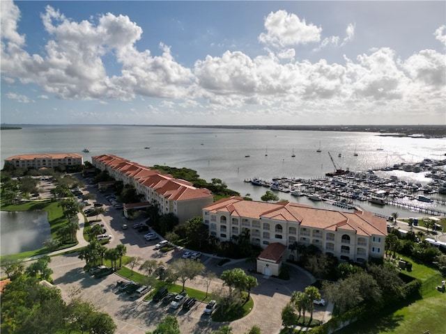 aerial view featuring a water view