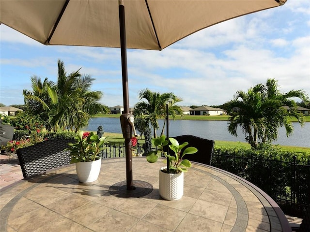 view of patio / terrace with a water view