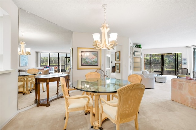 carpeted dining space featuring a textured ceiling and a notable chandelier