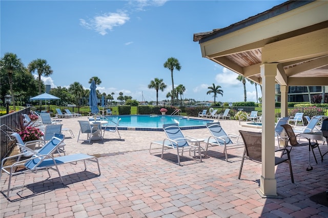 view of swimming pool featuring a patio area