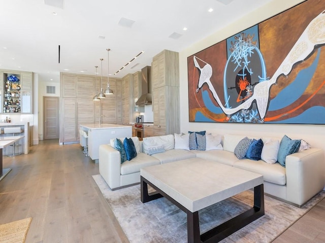 living room with sink and light hardwood / wood-style flooring