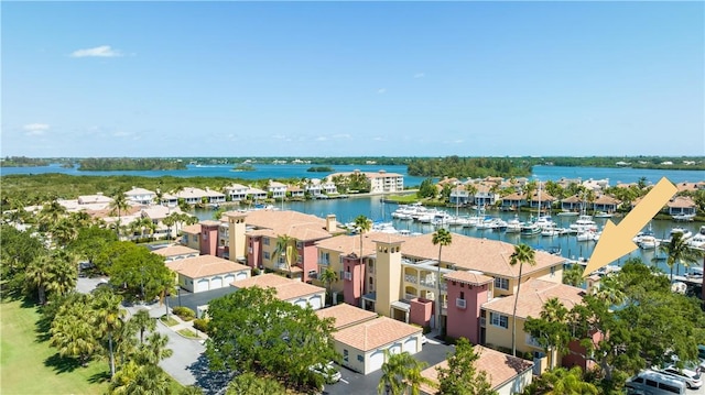 birds eye view of property with a water view and a residential view