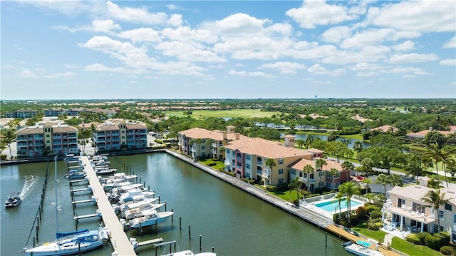 bird's eye view with a water view