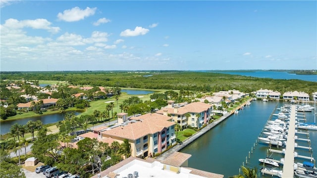 birds eye view of property featuring a water view