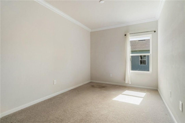 empty room with carpet floors, crown molding, and baseboards