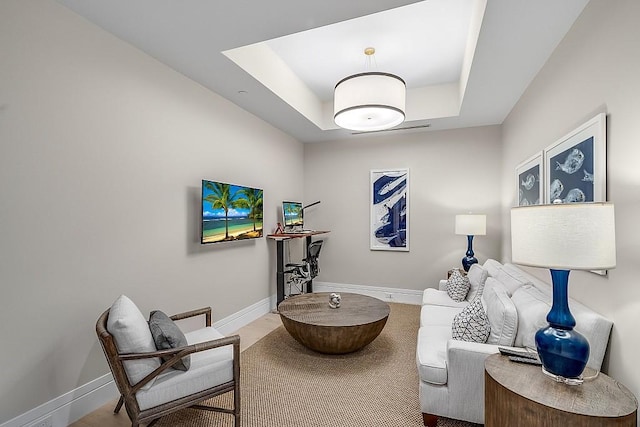 living area with a tray ceiling