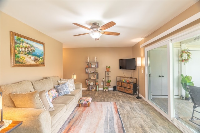 living room with ceiling fan and hardwood / wood-style flooring