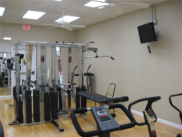 exercise room with wood finished floors, a paneled ceiling, baseboards, and ceiling fan