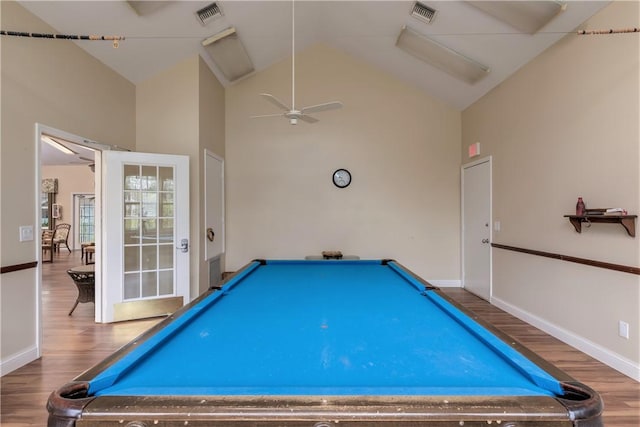 game room featuring ceiling fan, high vaulted ceiling, wood-type flooring, and pool table