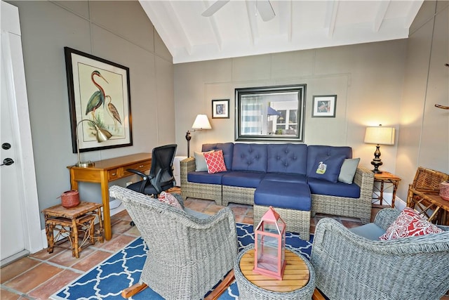 living room featuring vaulted ceiling with beams and tile patterned flooring