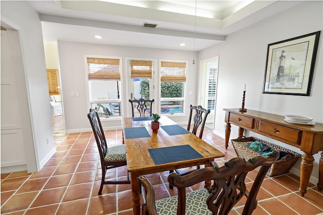 dining area with tile patterned flooring, visible vents, baseboards, and recessed lighting