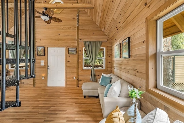 sitting room with wood walls, wooden ceiling, and wood finished floors