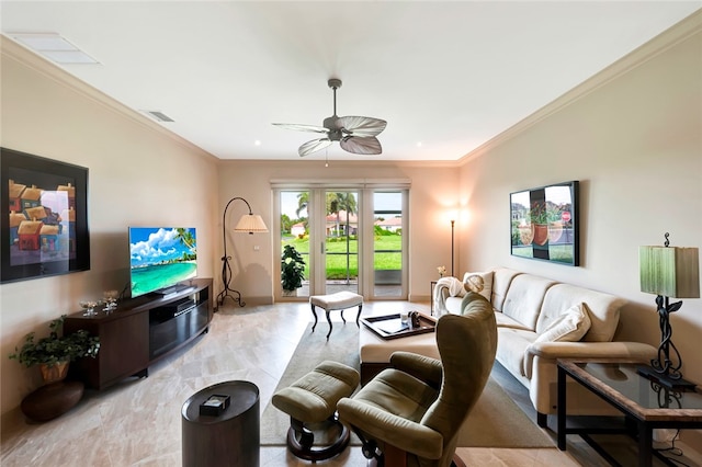 living room with crown molding and ceiling fan