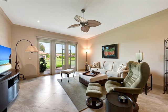 living room with crown molding and ceiling fan