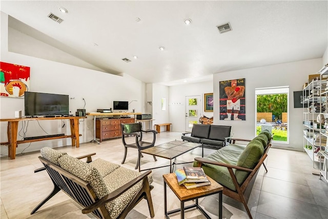 649 E Causeway Blvd, Vero Beach, FL 32963 - living room with an office area, vaulted ceiling, recessed lighting, and light tile patterned flooring