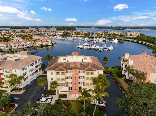 bird's eye view with a water view