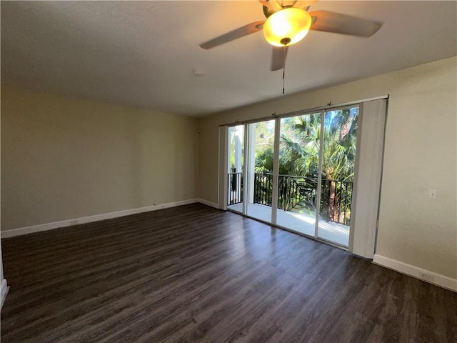 empty room featuring ceiling fan and dark wood-type flooring