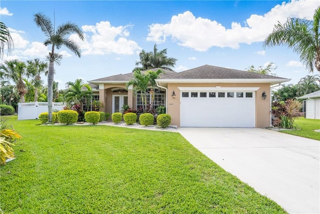 view of front of property with a front yard and a garage