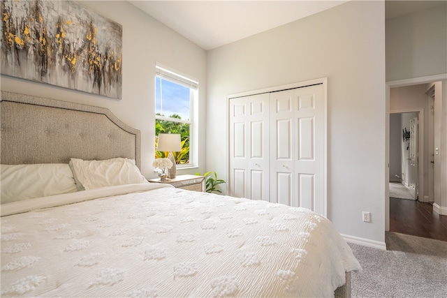 bedroom with carpet flooring and a closet