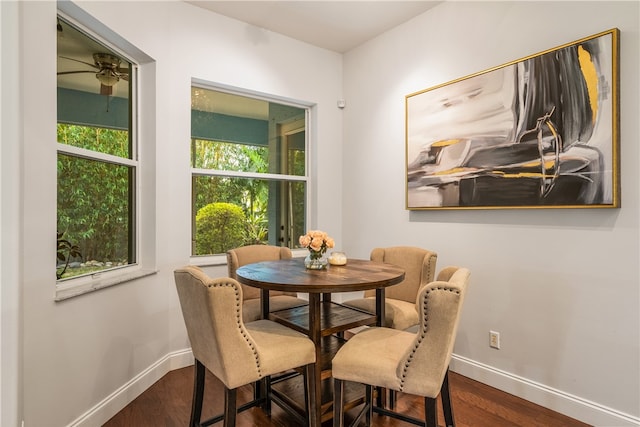 dining space featuring ceiling fan and wood-type flooring