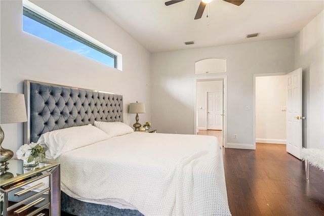 bedroom featuring ceiling fan and dark hardwood / wood-style floors