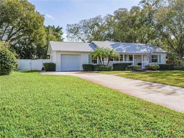 ranch-style home with a front yard and a garage