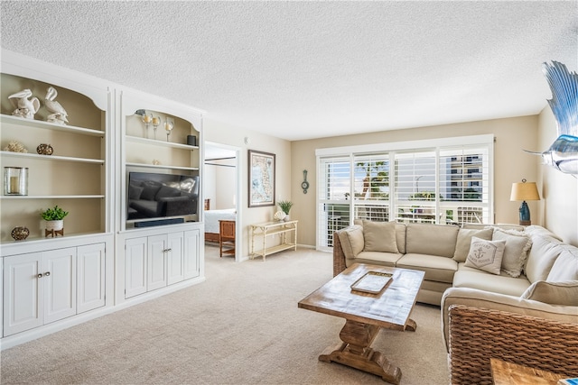 carpeted living room with a textured ceiling