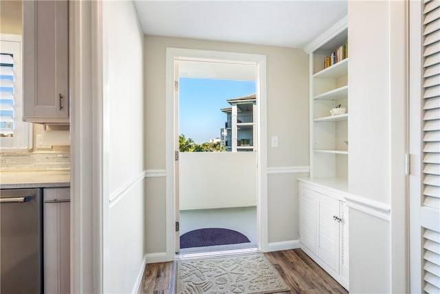 doorway featuring dark hardwood / wood-style floors