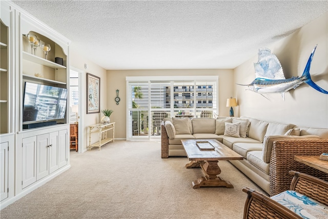 living room featuring a textured ceiling and light carpet