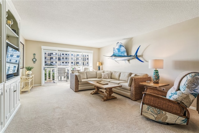 carpeted living room featuring a textured ceiling