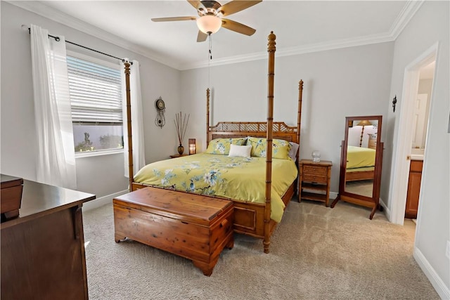 bedroom with ceiling fan, baseboards, light colored carpet, and ornamental molding