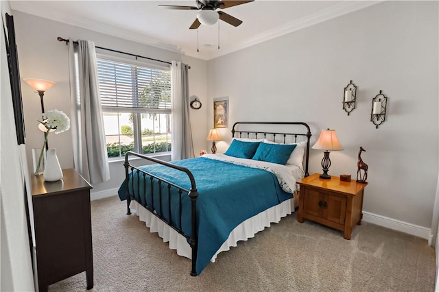 bedroom with baseboards, carpet, and ornamental molding