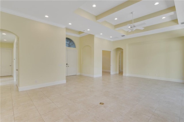 400 Sapphire Way SW, Vero Beach, FL 32968 - unfurnished room featuring arched walkways, recessed lighting, a ceiling fan, crown molding, and light tile patterned floors