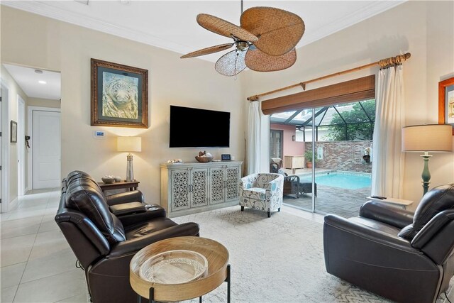 1155 Governors Way, Vero Beach, FL 32963 - living area featuring a ceiling fan, light tile patterned floors, and crown molding