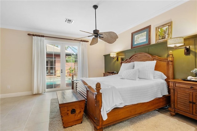 1155 Governors Way, Vero Beach, FL 32963 - tiled bedroom with access to exterior, ornamental molding, french doors, a ceiling fan, and baseboards