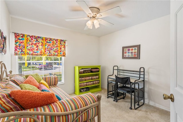 bedroom featuring ceiling fan, baseboards, and carpet floors