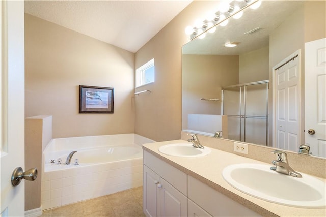 full bathroom with a garden tub, visible vents, a shower stall, and a sink