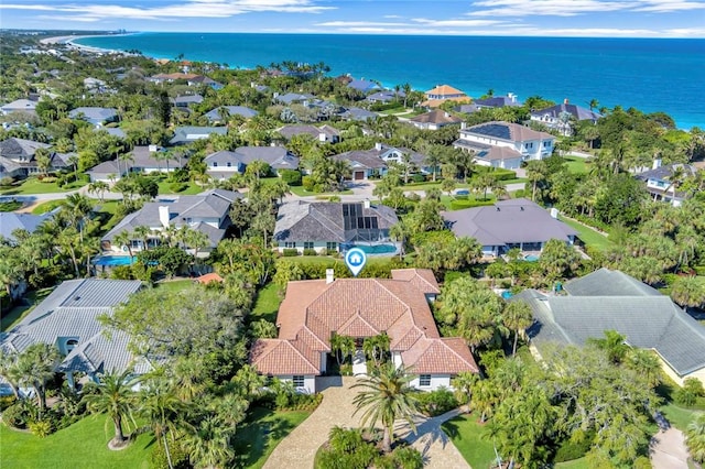 aerial view featuring a water view and a residential view