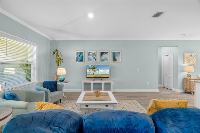 8645 95th Ave, Vero Beach, FL 32967 - living area with ornamental molding, light wood-style flooring, and baseboards