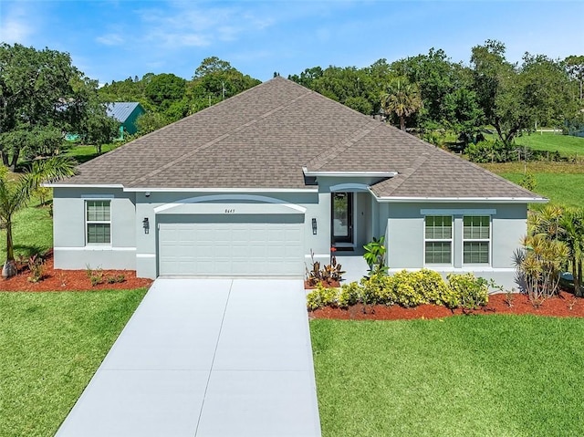 8645 95th Ave, Vero Beach, FL 32967 - ranch-style house with roof with shingles, an attached garage, stucco siding, and a front yard