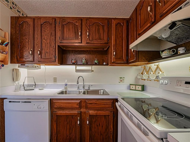 kitchen with sink, a textured ceiling, and white appliances