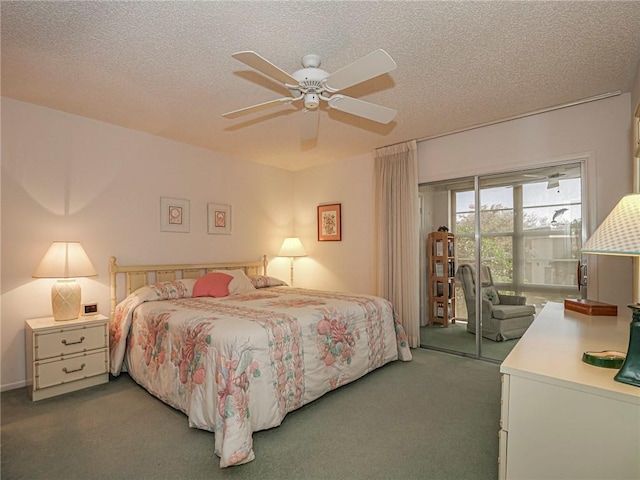 bedroom with access to exterior, carpet floors, a textured ceiling, and ceiling fan