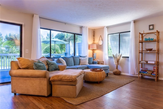 living room featuring hardwood / wood-style flooring and a textured ceiling