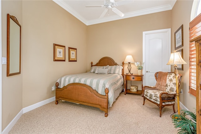 carpeted bedroom featuring multiple windows, crown molding, and ceiling fan