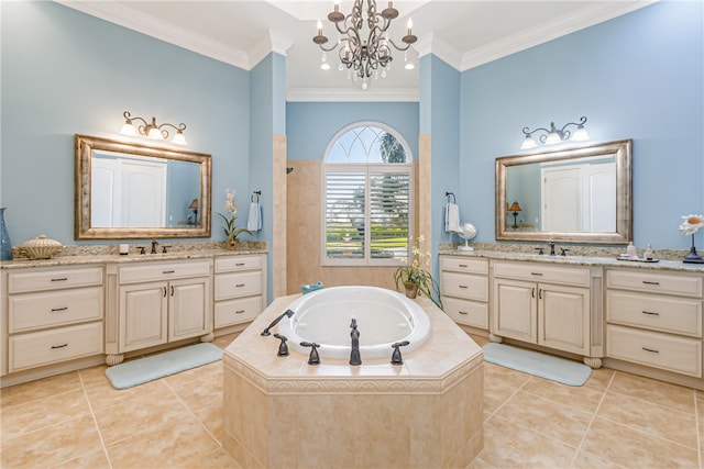 bathroom with a notable chandelier, vanity, crown molding, and tile patterned floors