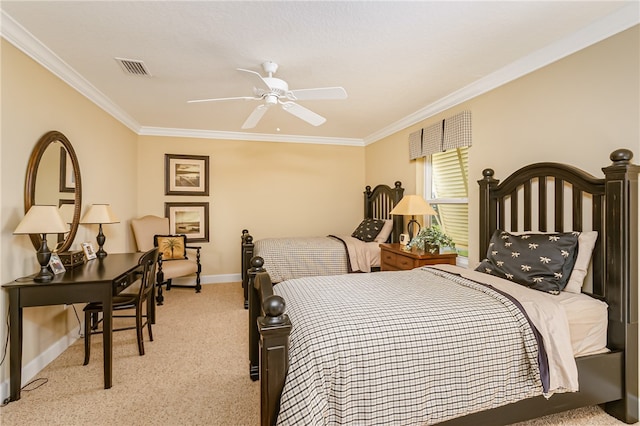 bedroom with light carpet, ceiling fan, and crown molding