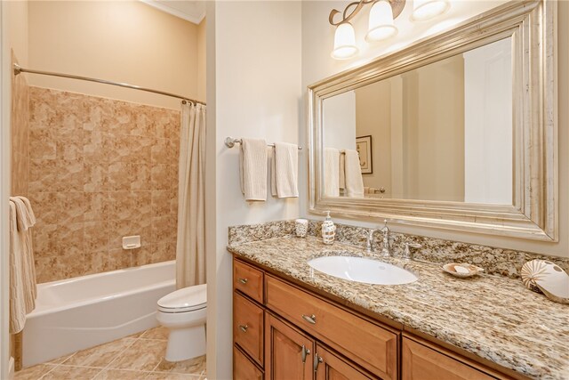 full bathroom featuring toilet, shower / bath combo with shower curtain, vanity, and tile patterned flooring