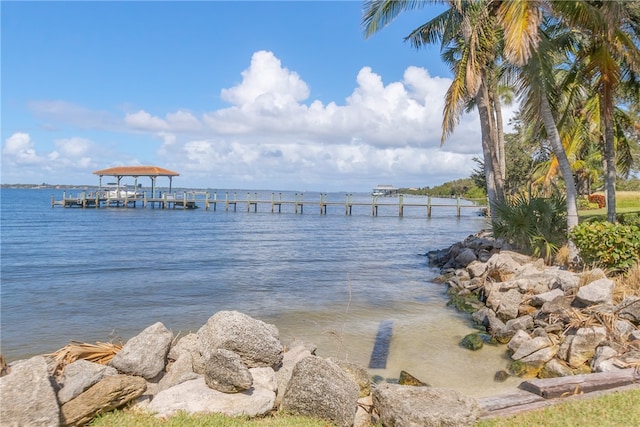 view of water feature with a boat dock